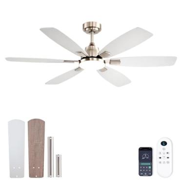 Imagem de Ayaoty Ventiladores de teto com luzes, ventilador de teto de 52 polegadas com luz e controle remoto, 3CCT regulável, motor CC reversível de 6 velocidades, ventilador de teto moderno de níquel de 5