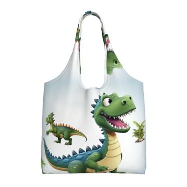 Imagem de GlbnSHeric Bolsa feminina reutilizável de compras de lona com borboleta azul cereja bolsa de ombro dobrável, Imagens de dinossauros de desenho animado, One Size