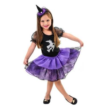 Imagem de Fantasia Halloween Bruxinha Infantil com Tiara Chapéu Fantasia Bruxa D
