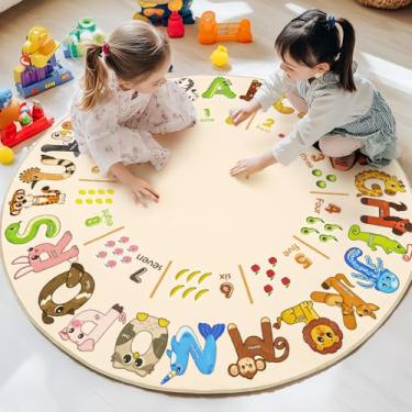 Imagem de Bolacrom Tapetes infantis para sala de jogos, tapete educativo redondo para aprender o alfabeto ABC, macio, lavável na máquina, tapete de animal fofo antiderrapante para sala de aula, berçário, tapete