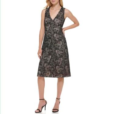 Imagem de Tommy Hilfiger Vestido feminino sem mangas com detalhe de renda floral, Preto, 46