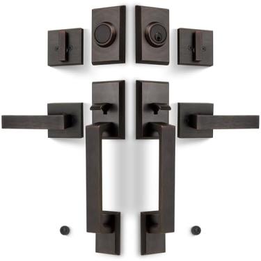 Imagem de LOQRON Conjunto de fechadura de porta frontal dupla, maçaneta de porta frontal com chave com manequim, alavanca de porta quadrada resistente e combinação de fechadura de cilindro único, bronze polido