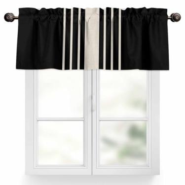 Imagem de Cortinas curtas com bolso para varão de janela, faixa de linho bege em sanefas pretas para cozinha, cortina listrada moderna abstrata, tratamento de janela para quarto, sala de estar, banheiro, 137 x