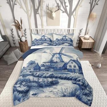Imagem de Erosebridal Conjunto de cama vintage holandês com moinho de vento, solteiro, delft, azul, fazenda, rústico, com enchimento de edredom, macio, leve