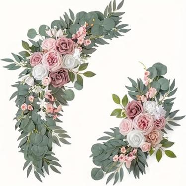 Imagem de TANMESSO Conjunto de 2 anéis de arco floral artificial – Decorações elegantes de placa de boas-vindas de casamento para cerimônia e recepção, arranjos de flores de vegetação rústica (rosa)
