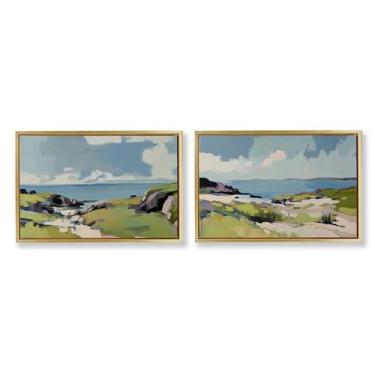 Imagem de Stupell Industries Conjunto de tela flutuante com moldura dourada Breezy Bay Landscape 2 peças por Elara Yasna, 21 x 31