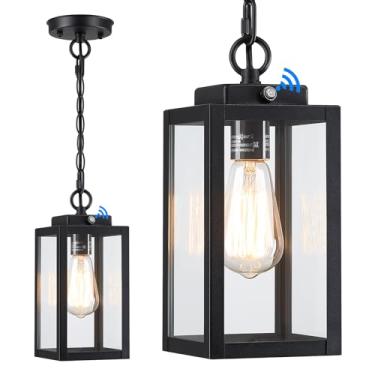 Imagem de Luminária pendente externa do crepúsculo ao amanhecer, lustre externo moderno para pendurar ao ar livre, preto fosco com vidro transparente, luminária pendente externa para varanda, quintal, gazebo, 1