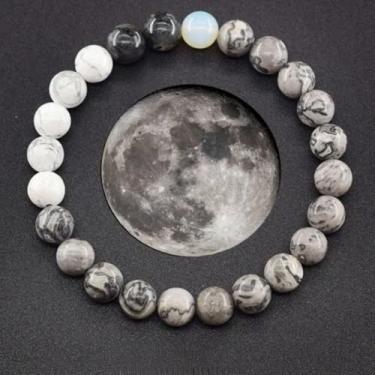 Imagem de Castrap Sistema Solar Pulseira Planeta Para Mulheres Homens, Pulseira Frisada De Pedra Natural De 8mm Feita À Mão, Universo Galáxia Oito Planetas Jóias Guardião (Lua)