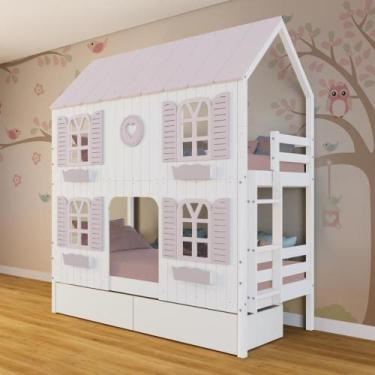 Imagem de Beliche Casinha Bela com Coração 2 Gavetas 4 Janelas Venezianas - Made