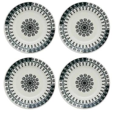Imagem de Kit Jogo 4 Pratos Fundos Biona Folk em Cerâmica Decorada 21,5 cm - Oxf