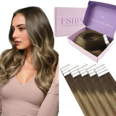 Imagem de Fshine Extensões de cabelo com fita adesiva ombré marrom escuro desbotando a marrom e loiro caramelo 35,5 cm fita Remy macia em extensões de cabelo humano para mulheres 20 peças 50 gramas