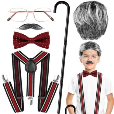 Imagem de Matiniy Kit de fantasia cosplay de 100 dias de escola, incluindo suspensório de gravata borboleta vermelha, óculos de bengala para acessórios de festa infantil, suprimentos