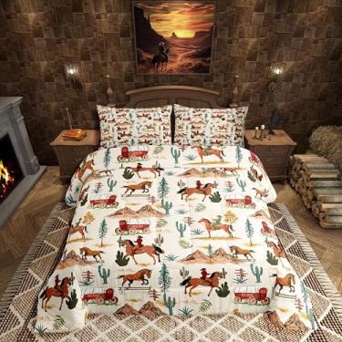 Imagem de Castle Fairy Jogo de cama solteiro de cowboy ocidental, cavalo selvagem, 2 peças, para decoração de quarto de crianças, meninas, meninos, adultos, cacto, montanha, vintage, estilo rústico, 1 fronha