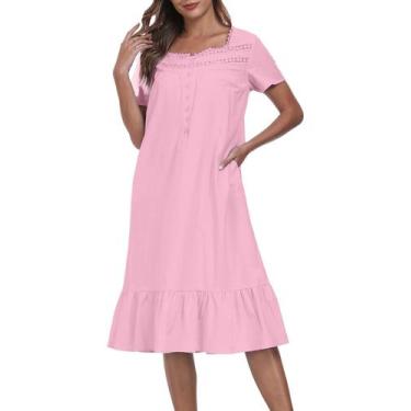 Imagem de Camisola YUNDAI de algodão de manga curta com botão de renda rosa