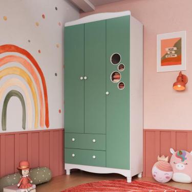 Imagem de Guarda Roupas Infantil 3 Portas e 2 Gavetas 91x40x198 cm Branco e Verde Completa Móveis