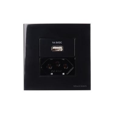 Imagem de Placa Para Móveis 80x80 Com Tomada Usb-a 1a 5w E Tomada 2p+t 20a Margirius Sleek Preto...