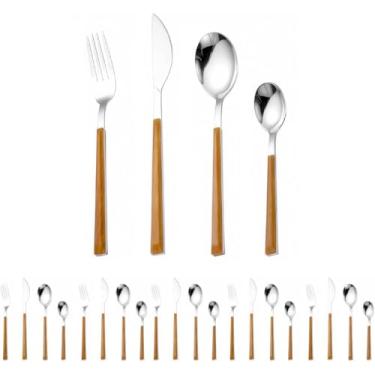 Imagem de Conjunto 24 Peças Talheres Inox Cabo Tipo Madeira, Conjunto Premium – Jogo Completo, Design Moderno, Utensílios de Cozinha, Colher, Garfo, Faca e Colher de Sobremesa
