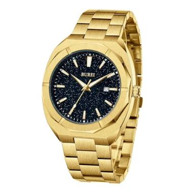 Imagem de BUREI Relógios masculinos modernos analógicos de quartzo, data, relógio de pulso à prova d'água com pulseira de aço inoxidável, Dourado, Clássico, moderno, casual