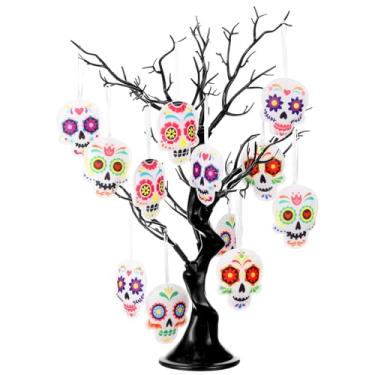 Imagem de Remagr 12 peças de enfeites de feltro Dia dos Mortos Dia de Los Muertos ornamento de caveira cabeça de esqueleto pendurado para festa mexciana de árvore de Natal (elegante)