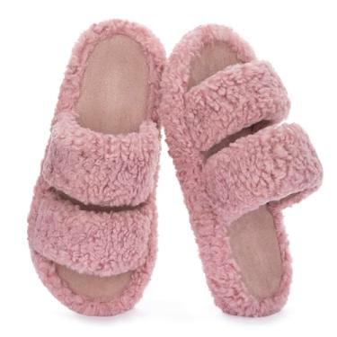Imagem de RockDove Pantufa feminina Pluffie Chic de pele sintética com espuma viscoelástica aconchegante para uso interno e externo, Rosa empoeirado, 9-10