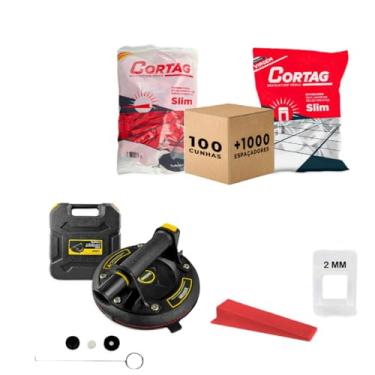 Imagem de Espaçador Cortag Slim 2,0mm 1000 peças + Cunhas Slim 100 Pçs + Ventosa Evolution 200kg Peças para Pisos e Porcelanatos Profissional Kit