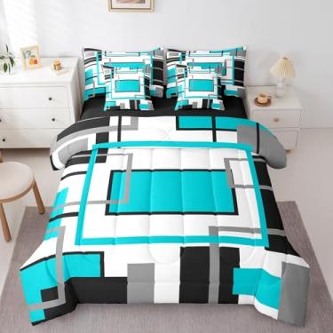Imagem de Erosebridal Conjunto de edredom 7 peças azul-petróleo preto branco geométrico abstrato king size, cama quadrada moderna listrada em uma bolsa, roupa de cama boho, arte contemporânea minimalista