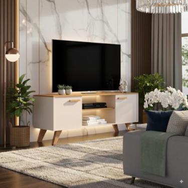 Imagem de Estante Rack para TV até 50 120 cm com Portas Prateleiras Funcionais Sala de Estar Rebeca (Off White)