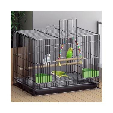 Imagem de Gaiola de pássaro espaçosa bandeja de puxar de gaiola de pássaro de metal várias portas de alimentação design dobrável para papagaios pequenos pássaros ninho de pássaro (preto, médio)