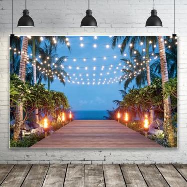 Imagem de Pano de fundo de praia de verão 3,7 x 2,4 m, palmeira tropical, brilhante, passarela Havaí, litoral, fotografia, fundo natural, verão, férias, festas, retrato, sessão de fotos, adereços para cabine de