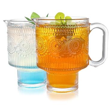 Imagem de WeirdUncle Conjunto de 2 copos de boca larga com alça, copo de vidro transparente vintage de 623 g, grande capacidade, copos de água em relevo floral, ideal para café gelado, smoothie, cerveja, chá