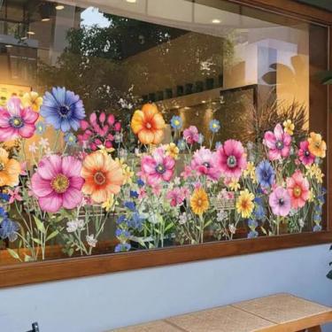 Imagem de 3 peças adesivos de janela de flores coloridas 39,9 x 30 cm jardim buquê floral adesivo de janela aquarela dupla face primavera verão adesivos (floral colorido)