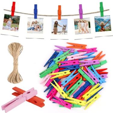 Imagem de XDW-GIFTS Prendedores de roupa coloridos casuais, cor 7,2 cm, 50 peças com corda de juta, roupas coloridas, alfinetes de madeira para fotos de artesanato decorativo, decoração de roupas penduradas