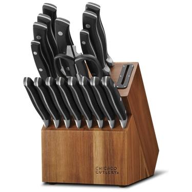 Imagem de Conjunto de Facas com Bloco de Bancada, Afiador Embutido e Cabo Ergonômico, 18 Peças, Chicago Cutlery, Preto