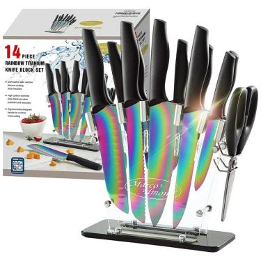Imagem de Conjunto de Facas em Aço Inoxidável com Bloco de Bancada, 14 Peças, MARCO ALMOND KYA35, Preto