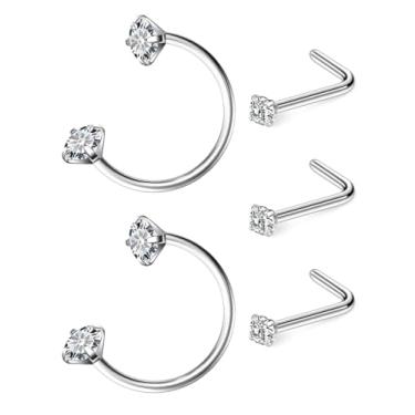 Imagem de Hoeudjo Anel de nariz em ferradura 18G de aço cirúrgico, argolas de nariz para mulheres, brincos de nariz de cristal transparente de 2 mm, joia de piercing corporal para mulheres e homens, Metal