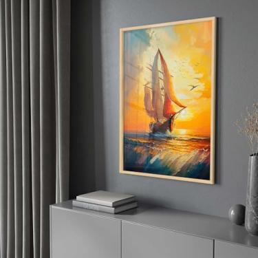 Imagem de Quadro Decorativo com Moldura e Acrilico Cristal Vidro Pintura Barco Por do Sol Vertical Sala Quarto Hall