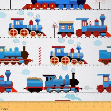 Imagem de jejeloiu Tecido vintage de desenho animado por The Yard 3 jardas motor a vapor transporte ferroviário tecido estofado para cadeiras para meninos meninas kawaii veículo retrô locomotiva carro para