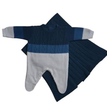 Imagem de Saída Maternidade de Tricot Luxo Macacão e Manta Bebê Menino