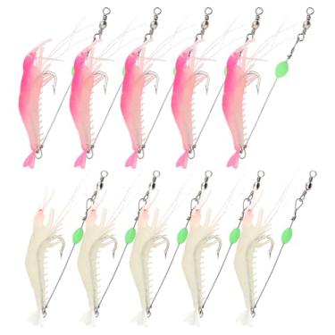 Imagem de 10 iscas de pesca em água salgada iscas de camarão, isca de camarão macia luminosa, isca de pesca de silicone artificial com ganchos para robalo de truta