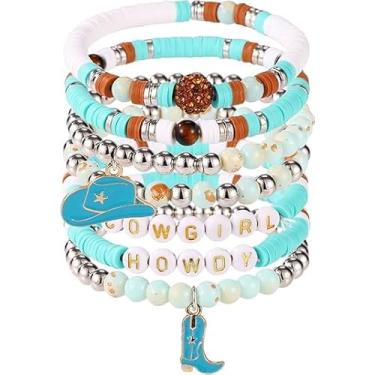 Imagem de 7 pulseiras de contas de vaca, pulseiras elásticas empilháveis com contas ocidentais com chapéu de vaca e pingentes de botas, joias de praia de verão estilo Y2K para mulheres (azul)
