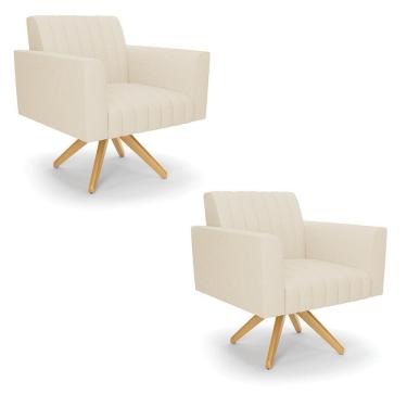 Imagem de Kit 2 Poltronas Giratória Viena Gomada Linho Bege A19 Base De Madeira Ma30 - D'rossi
