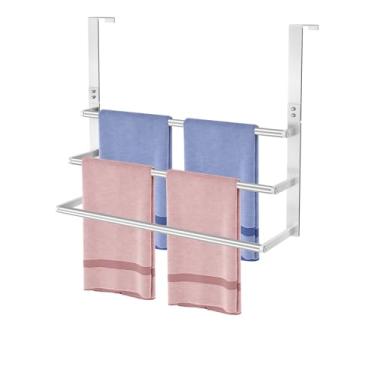 Imagem de Toalheiro de porta de níquel escovado de 61 cm, suporte de toalha de porta de aço inoxidável VOTZAAQ com barras de toalha de 3 camadas, armazenamento de toalha para banheiro