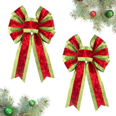 Imagem de Habbiful 2 peças de laço de Natal para guirlanda, laços de guirlanda de Natal para decoração de cerca de parede da porta da frente listras vermelhas verdes arcos para decoração de festa de fim de ano