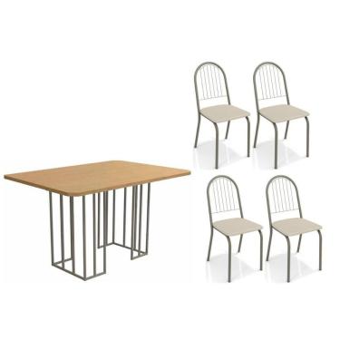 Imagem de Conjunto Mesa De Cozinha Duina Com Tampo De Madeira 136cm E 4 Cadeiras Noruega Niquel Freijó Courano Bege Kappesberg