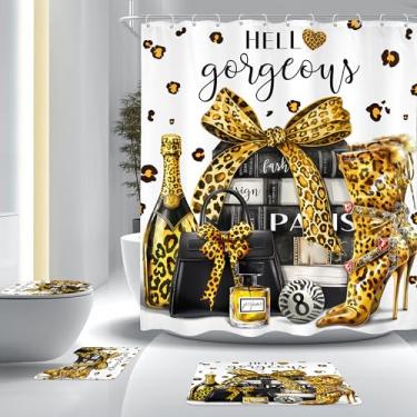 Imagem de Cinbloo Conjunto de 4 peças de cortina de chuveiro leopardo preto dourado de luxo com tapete, capa de tampa de vaso sanitário, tapete de banho, revistas de moda, perfume, salto alto, cortina de
