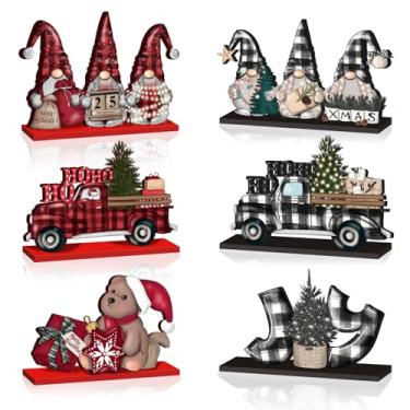 Imagem de 6 peças de decoração de mesa de madeira de Natal Noel Merry Christmas placas de mesa rústica casa de fazenda gnomo caminhão urso alegria placas centrais de mesa para casa prateleira decoração interna