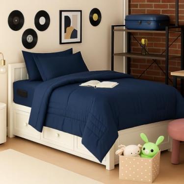 Imagem de Conjunto de edredom de solteiro listrado acolchoado – Conjunto elegante com edredom, protetor de colchão, conjunto de lençóis e fronhas — design listrado sofisticado para casa e quartos de hóspedes