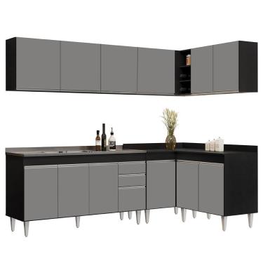 Imagem de Armário De Cozinha Modulado De Canto 6 Peças Cp33 Com Pia Inox Preto-cinza - Lumil