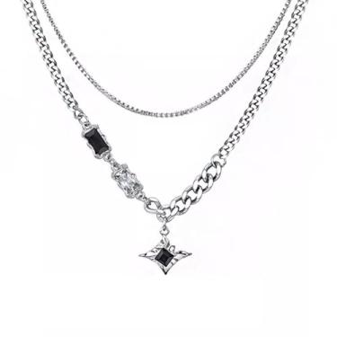 Imagem de Colar masculino de estrela, moderno, com pedras preciosas pretas delicadas, elos cubanos, em camadas, prata, acessórios para presente, one size, Metal, Sem Pedra Preciosa