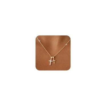 Imagem de Amicon Colar feminino com cruz de ouro delicado banhado a ouro 14 K com pingente de cruz de diamante simples, colares de cruz com pingente de fé, joias modernas, presentes, Latão, Sem Pedra Preciosa